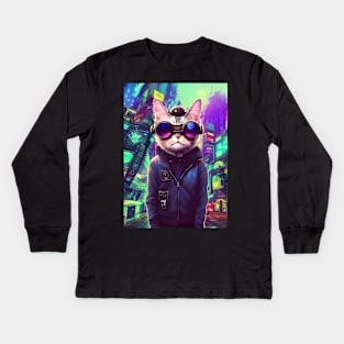 Techno Cat In Japan Neon City Kids Long Sleeve T-Shirt